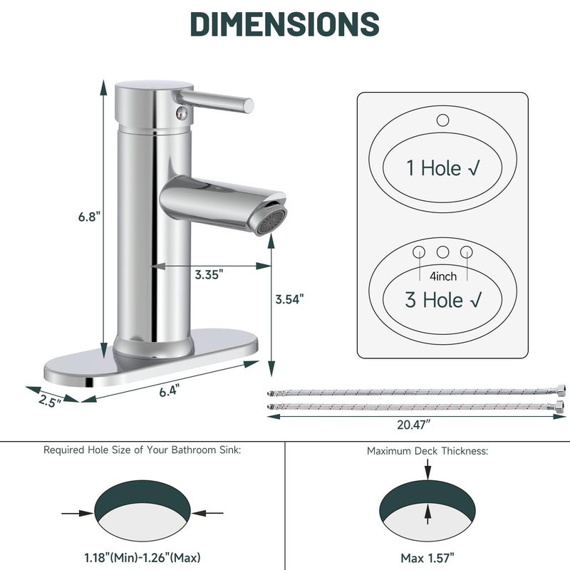 Green Spring Chrome Bathroom Faucet 1 Hole, Greenspring Single Lever Bathroom Sink Faucets Modern Deck Mount One Hole Lavatory Vanity Faucet with Deck Plate and Supply Line, Brass - Image 2